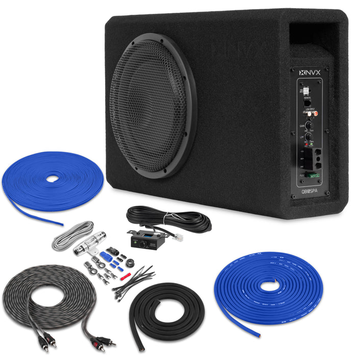 QB10SPA 1200W Peak (350W RMS) Single 10" Amplified Ported Loaded Subwoofer Enclosure with Remote Bass Knob and Amplifier Wiring Kit