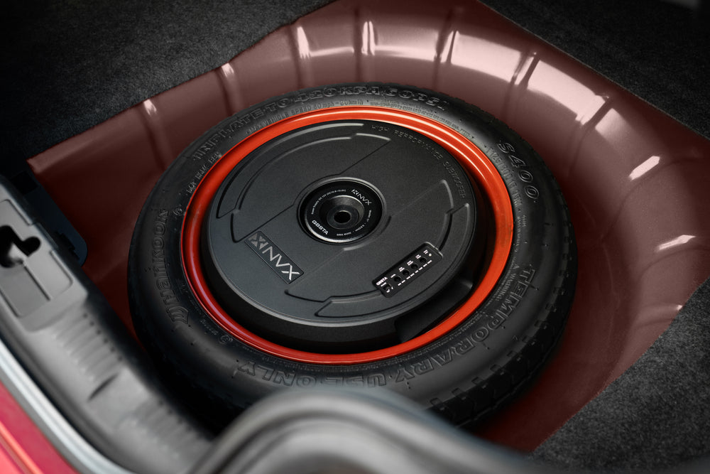 QBSTA 900W Peak (300W RMS) 11" Quick Bass Spare Tire Amplified Subwoofer System with Remote Bass Level Control and Amplifier Wiring Kit