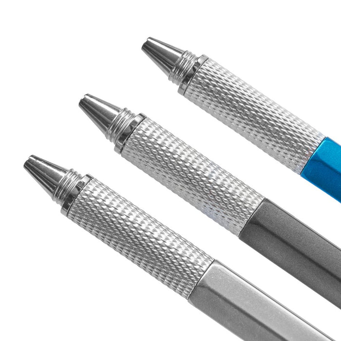 6 in 1 Multifunction Tool Pen with 5 Refills - 3 Pack Black | Blue | Silver